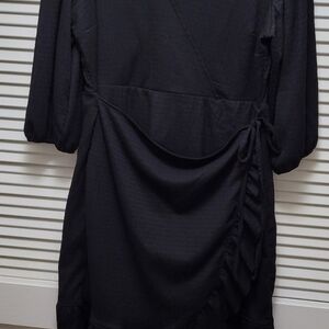 Cato Plus Size 18/20W Black Wrap Dress Ruffle Tie V-Neck Knee Length 3/4 Sleeve